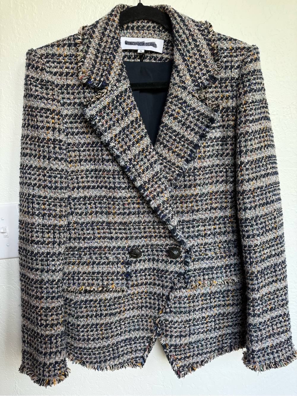 Veronica Beard Navy, Cream & Yellow Tweed Double-Breasted Dickey Blazer